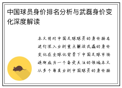 中国球员身价排名分析与武磊身价变化深度解读