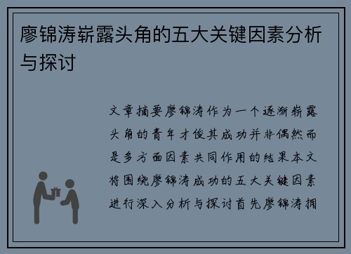 廖锦涛崭露头角的五大关键因素分析与探讨