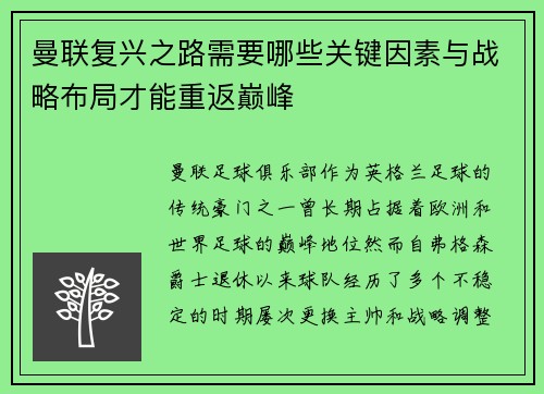曼联复兴之路需要哪些关键因素与战略布局才能重返巅峰