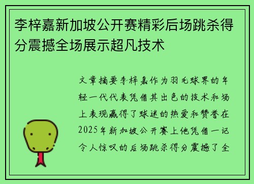 李梓嘉新加坡公开赛精彩后场跳杀得分震撼全场展示超凡技术